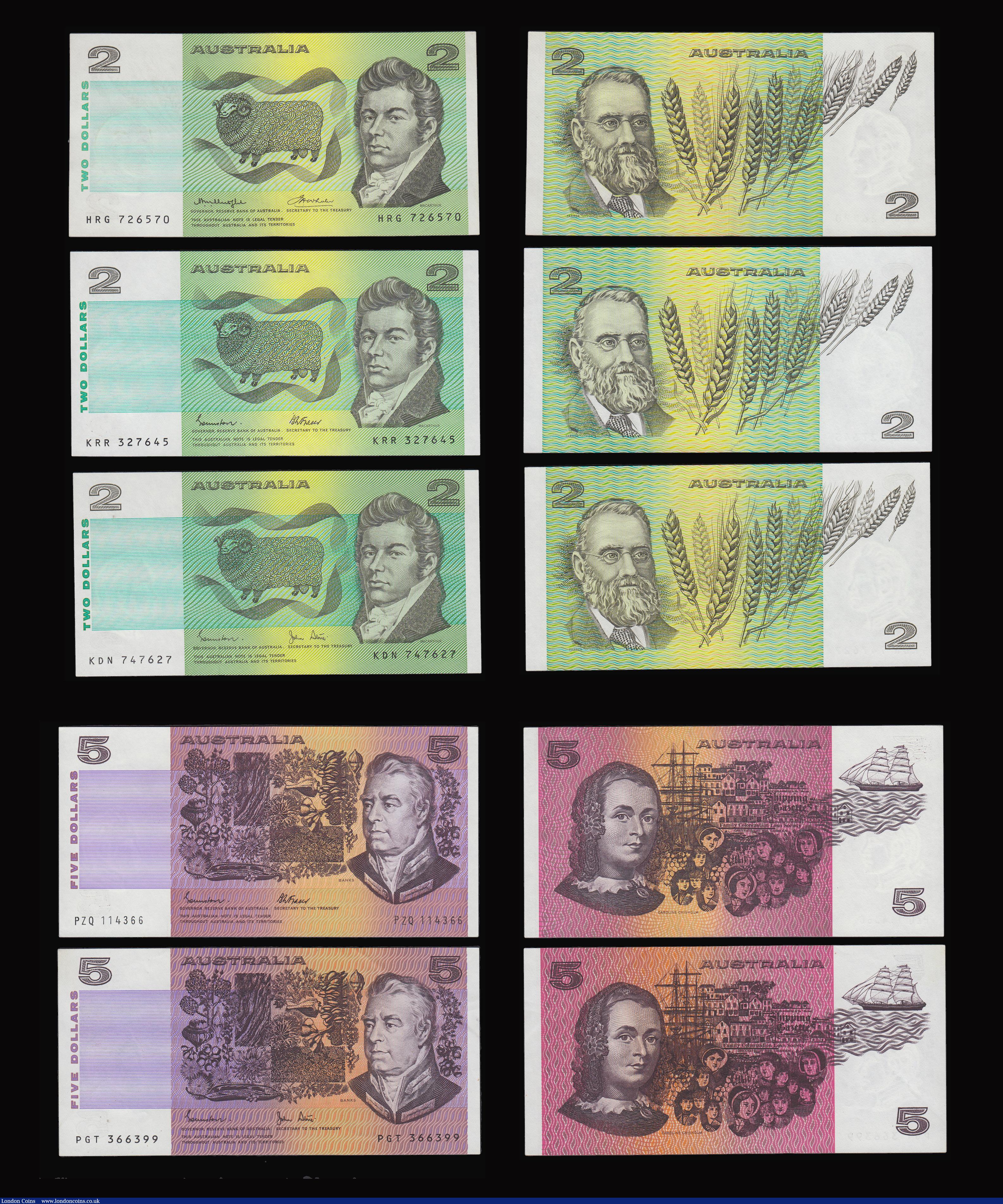 London Coins : A184 : Lot 149 : Australia in high grades (11) Dollar 1974-83 one of each signatures Pick 42 a,b,c and d, Two Dollars...