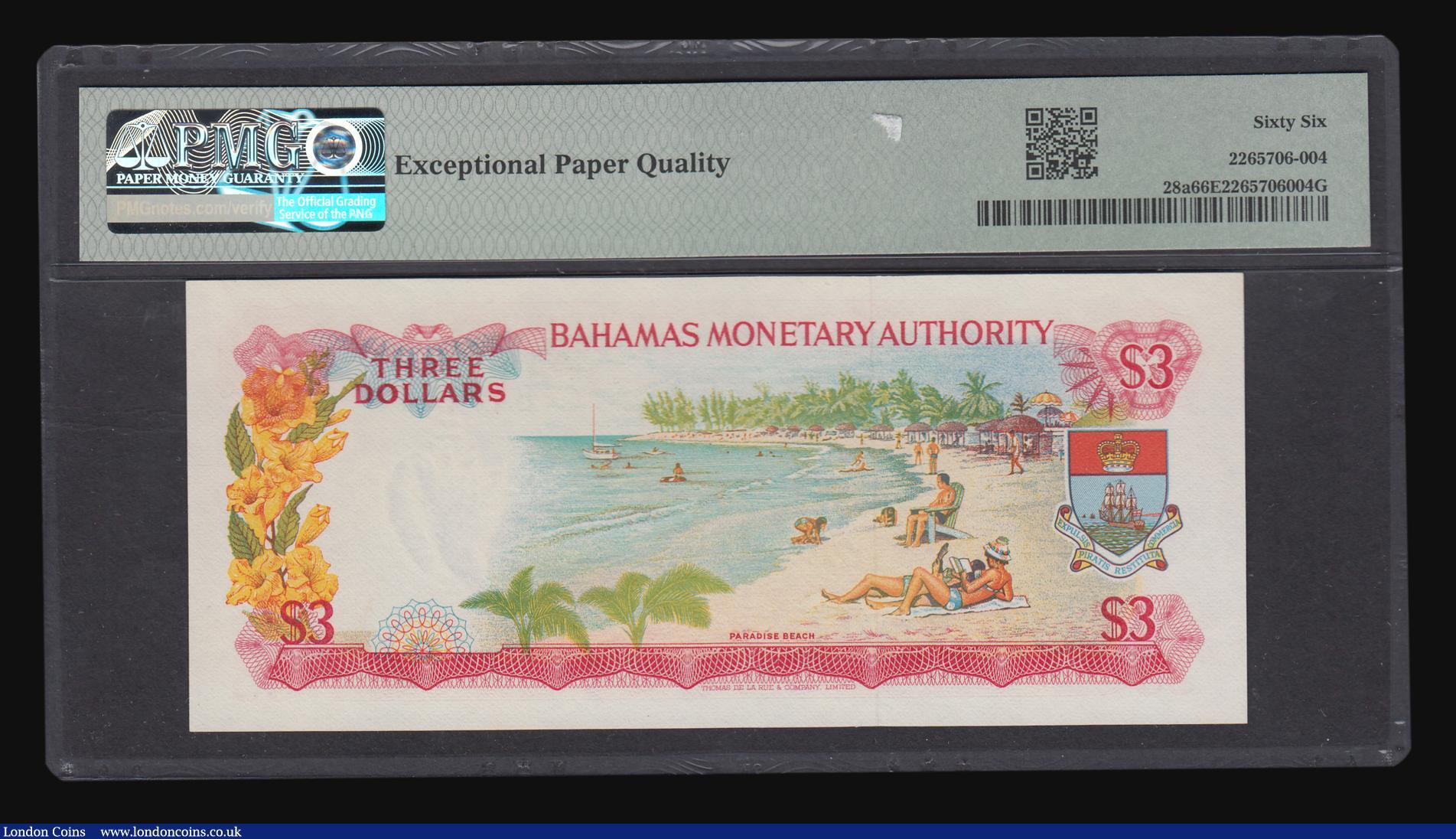 London Coins : A184 : Lot 152 : Bahamas 3 Dollars 1968 Pick 28a PMG 66 EPQ Gem Uncirculated