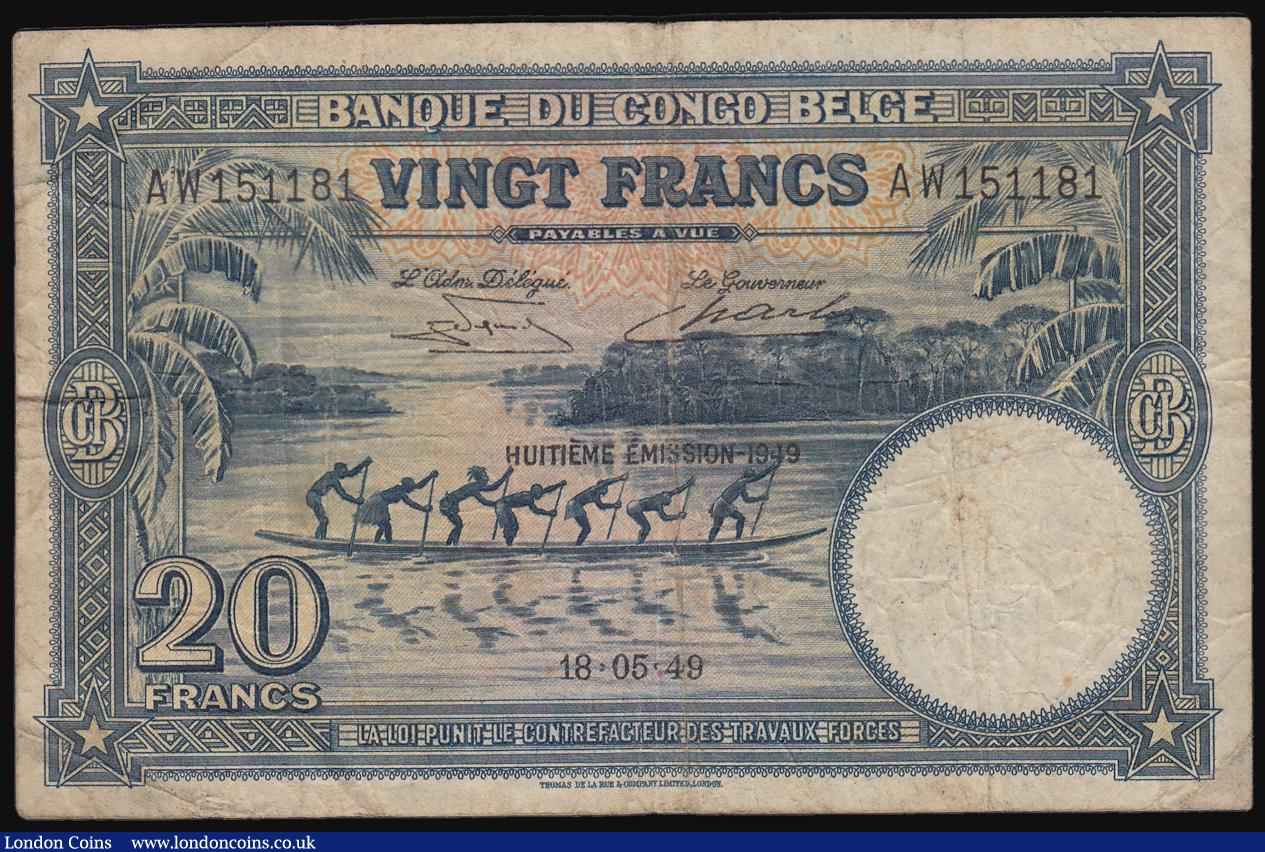 London Coins : A184 : Lot 158 : Belgian Congo 20 Francs 18.6.1949 Pick 15g about Fine and a seldom offered type