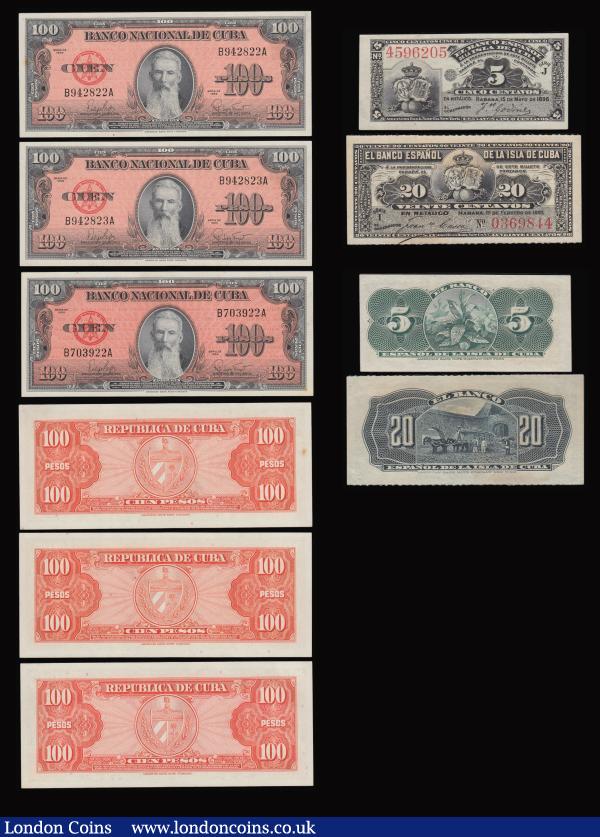 Cuba 100 Pesos 1959 Pick 93 (9) aU - Unc some consecutive along with 20 Centavos Havana 15.2.1897 and 5 Centavos Havana 15.2.1896 these AU : World Banknotes : Auction 184 : Lot 185