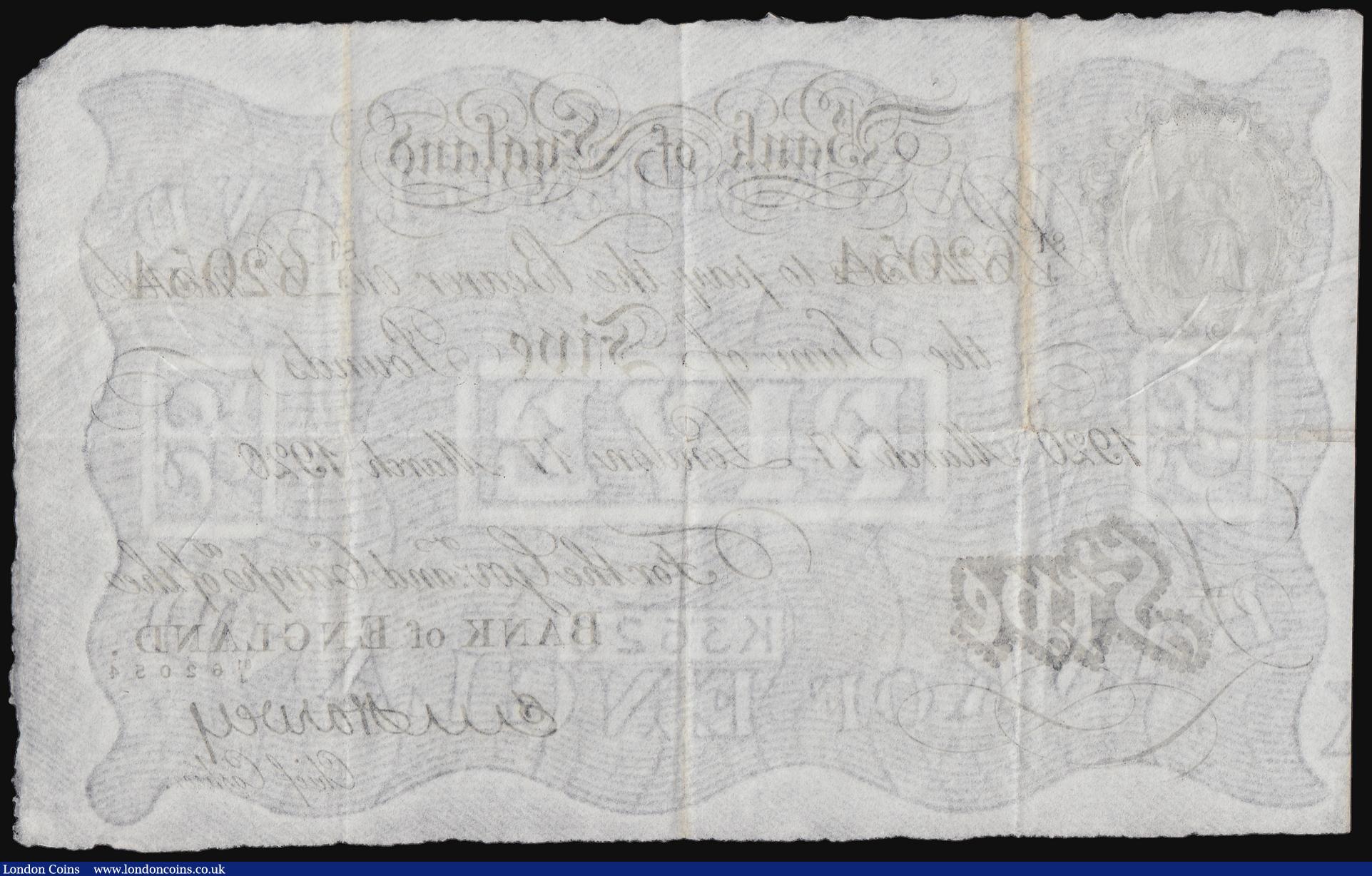 London Coins : A184 : Lot 25 : Five Pounds Harvey white B209a dated 17th March 1920 London series 81/J 62054, Pick312a, about VF wi...