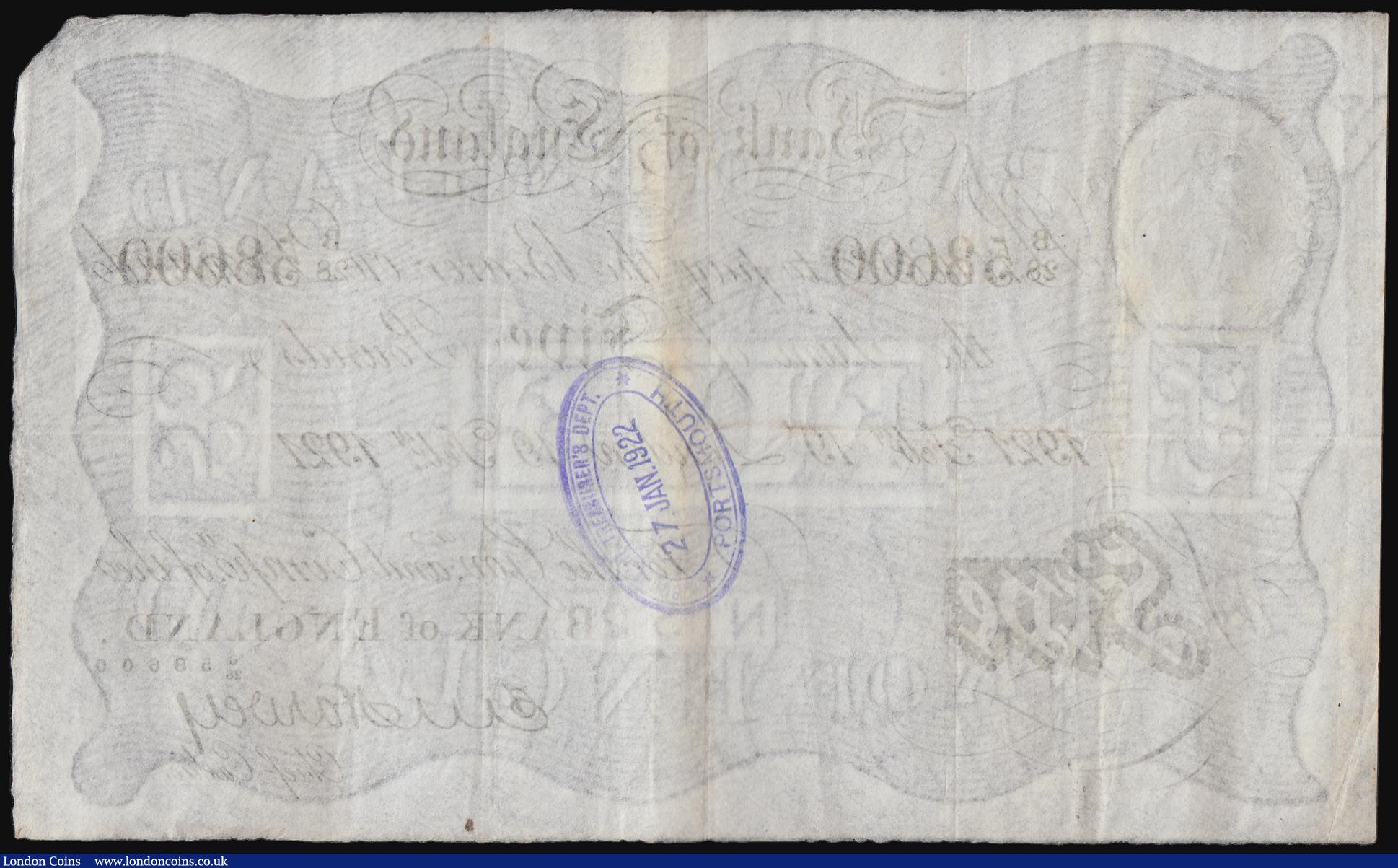 London Coins : A184 : Lot 26 : Five Pounds Harvey white B209a dated 19th Feb 1921 London series B/28 58600, Pick312a, Good Fine wit...