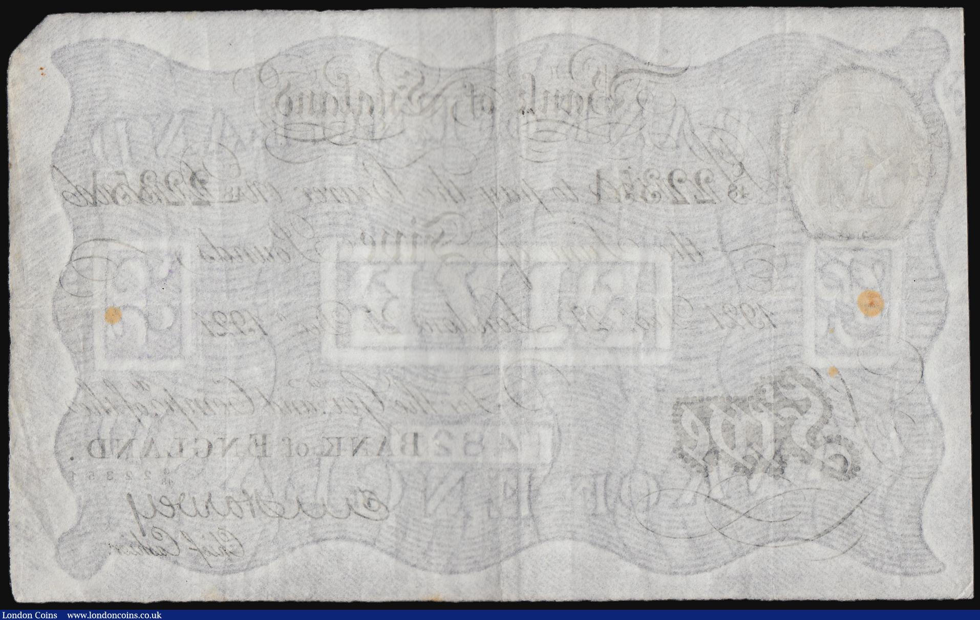 London Coins : A184 : Lot 27 : Five Pounds Harvey white B209a dated 27th December 1921 series C/48 22351, Pick312a, VF two rust spo...