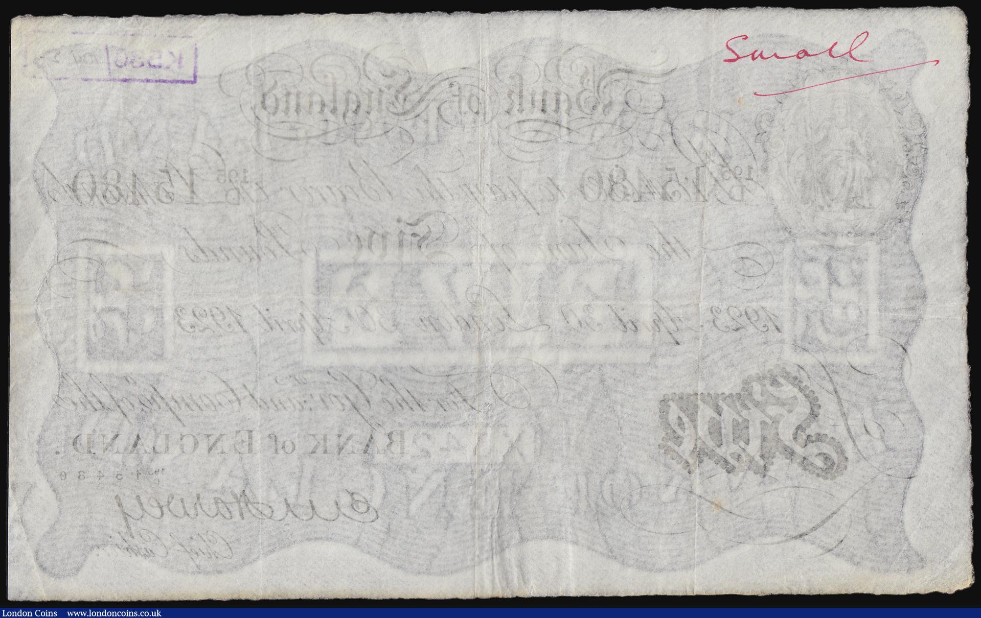London Coins : A184 : Lot 28 : Five Pounds Harvey white B209a dated 30 April 1923 London series 195/D 15480, Fine bankers stamp top...