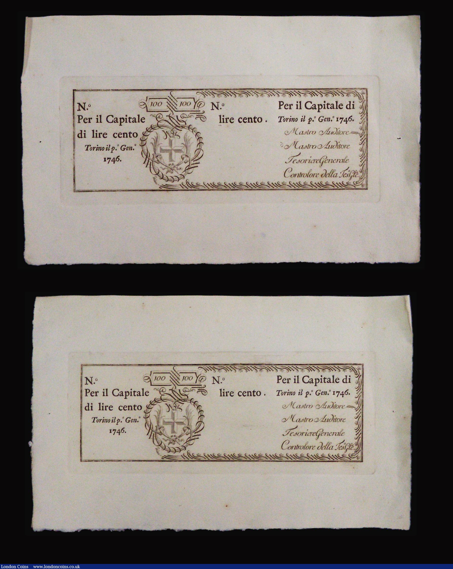 London Coins : A184 : Lot 287 : Italy Regie Finanze Torino 100 lire unissued remainder (4) dated 1746, Picks101r, (2) both about UNC...