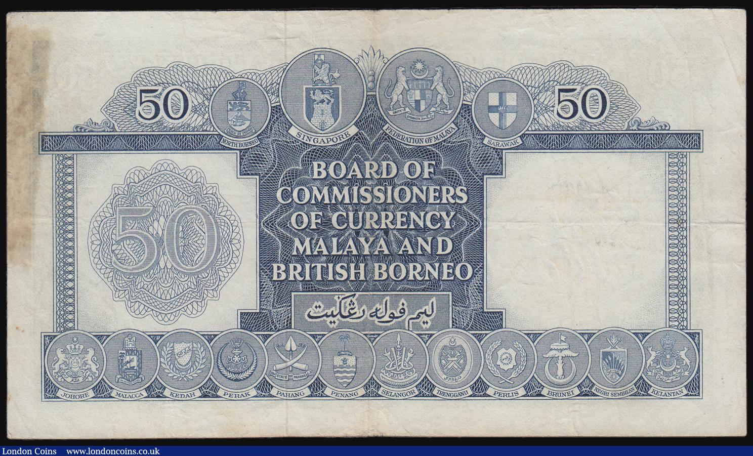 London Coins : A184 : Lot 302 : Malaya and British Borneo 50 Dollars 2 March 1953 A/16 374455 Pick 4 Fine two pinholes light brown s...