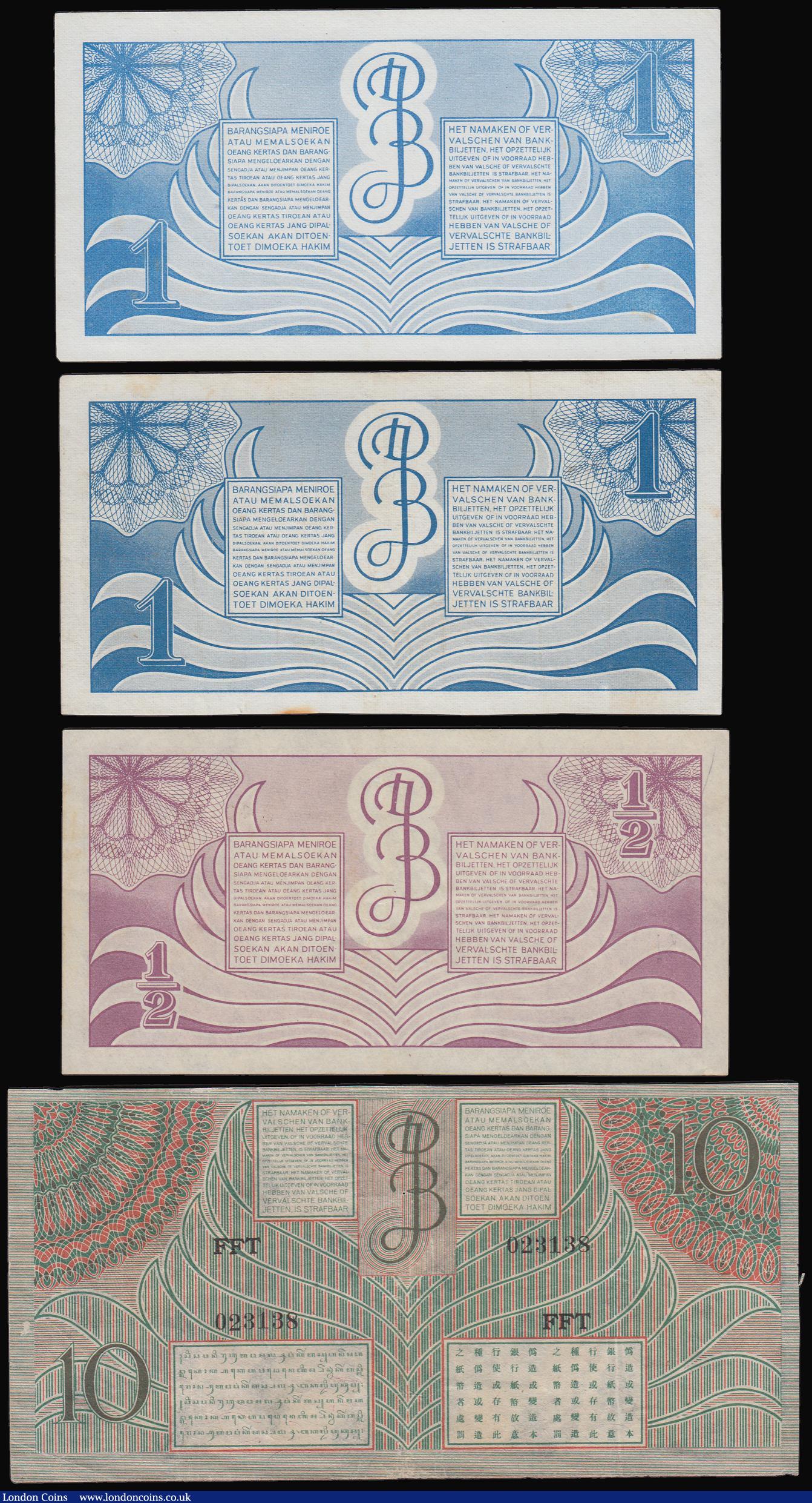 London Coins : A184 : Lot 313 : Netherland Indies De Javasche Bank 50 Cents 1948 Pick 97 AU, 1 Cent Pick 98 (2) Unc and Fine, 10 Gul...