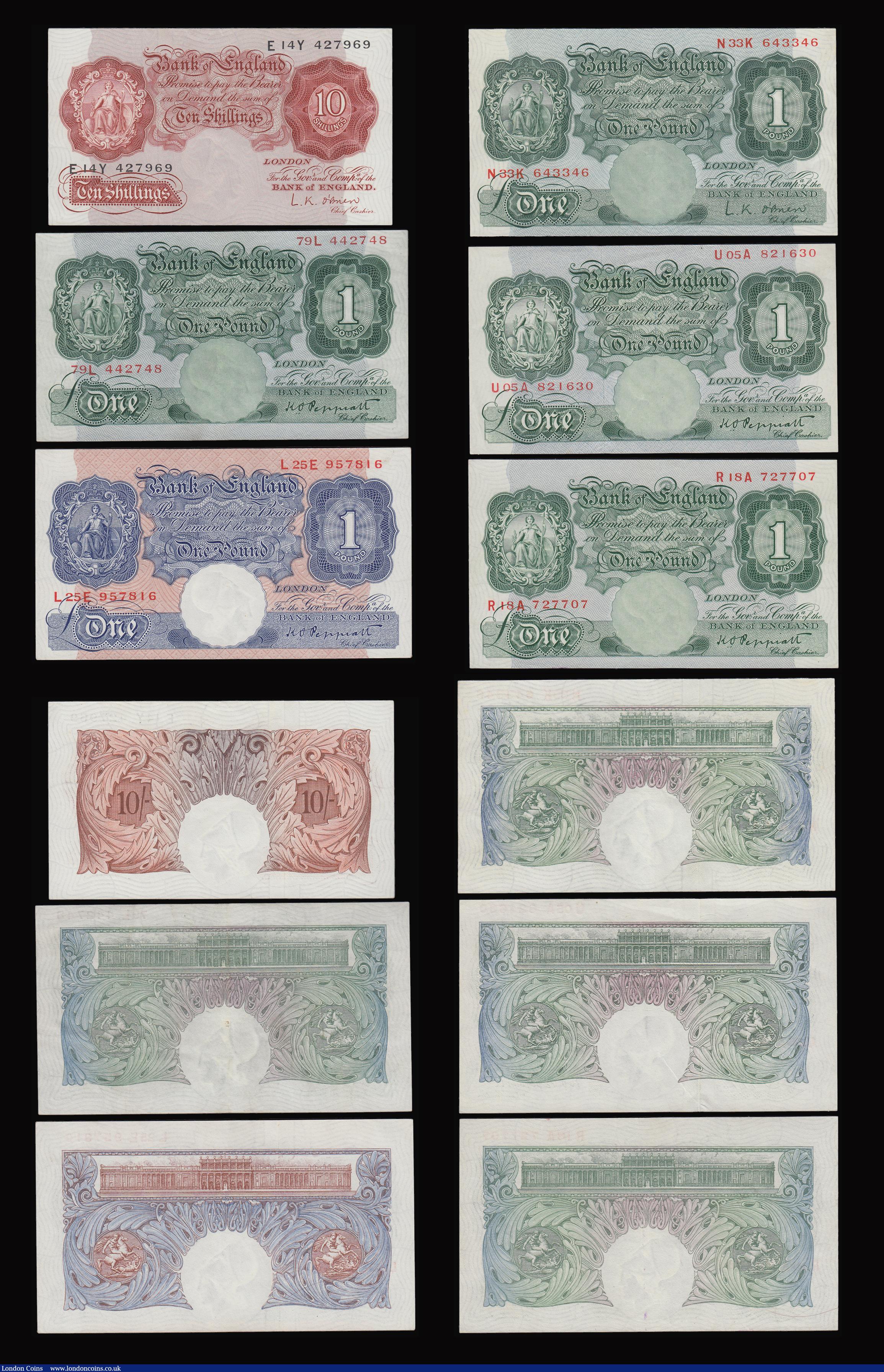 London Coins : A184 : Lot 32 : Britannia issues (10) Ten Shillings Peppiatt B235 prefix C91 Fine, B251 Mauve prefix Y71E GVF, B256 ...