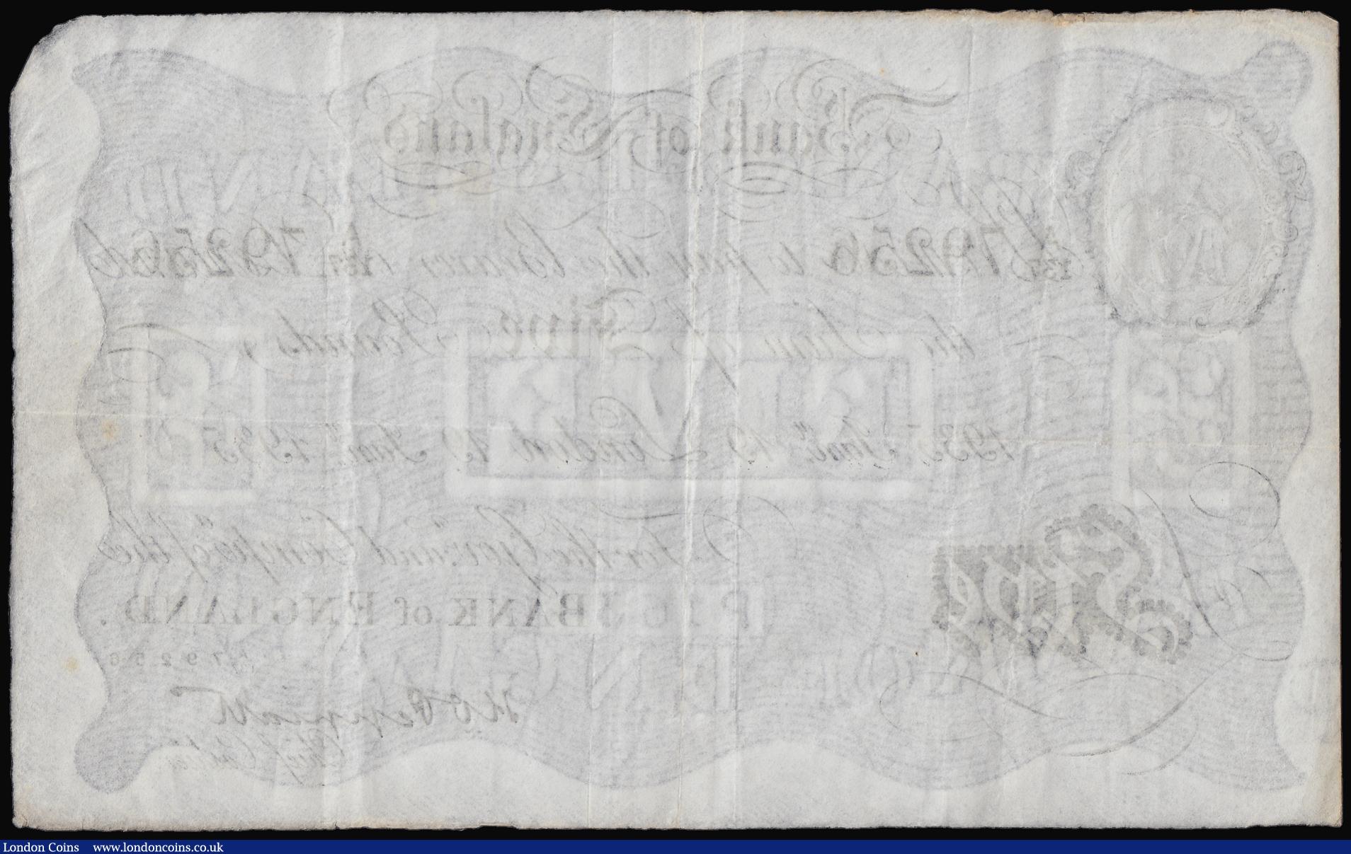 London Coins : A184 : Lot 34 : Five Pounds Peppiatt white B241 dated 19 January 1935 prefix A/137, a fraction of the top right corn...