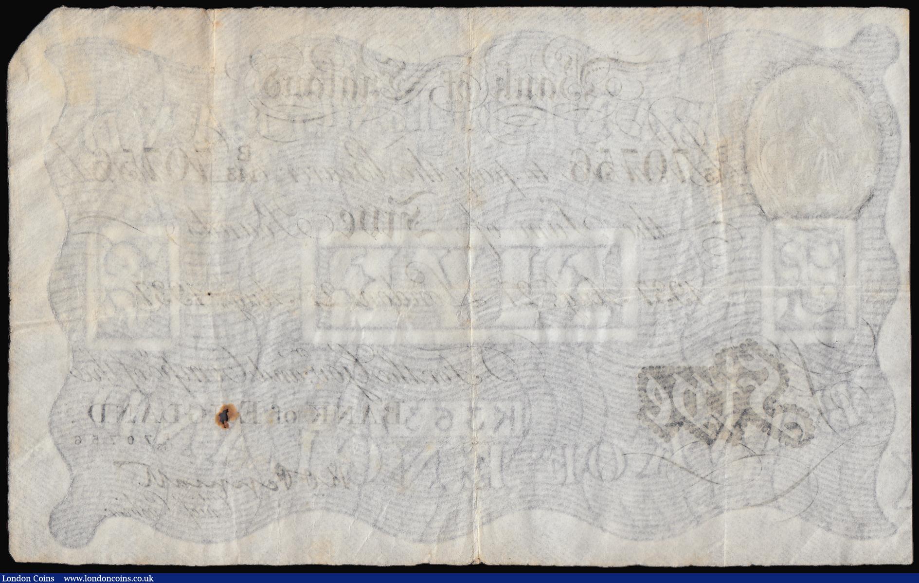 London Coins : A184 : Lot 36 : Five Pounds Peppiatt white B241 dated 27 Aug 1937 serial B/143 70756, London, Fine but with a rust h...