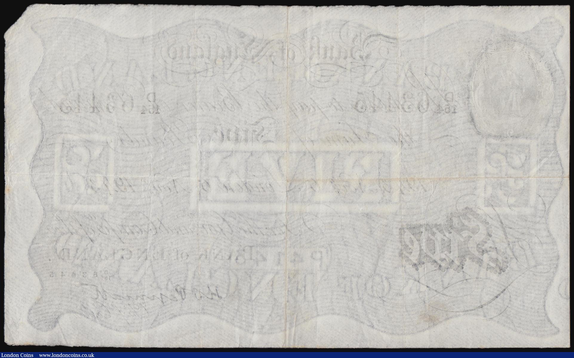 London Coins : A184 : Lot 37 : Five Pounds Peppiatt white B241 dated 6th November 1943 series D/154 63445 nVF top right corner deta...
