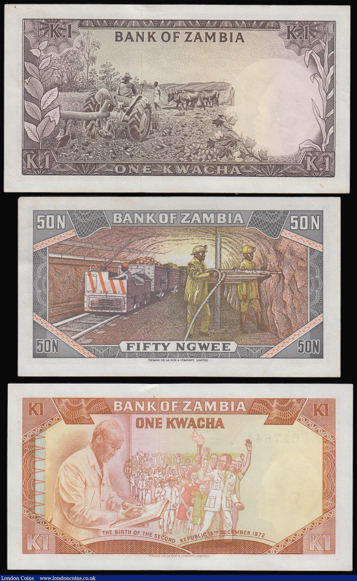 London Coins : A184 : Lot 412 : Zambia 1 Kwacha (2) J.B Zulu (1969) Pick 10a AU (small nick to right) and (1973) Kuwani Pick 16 AU-U...