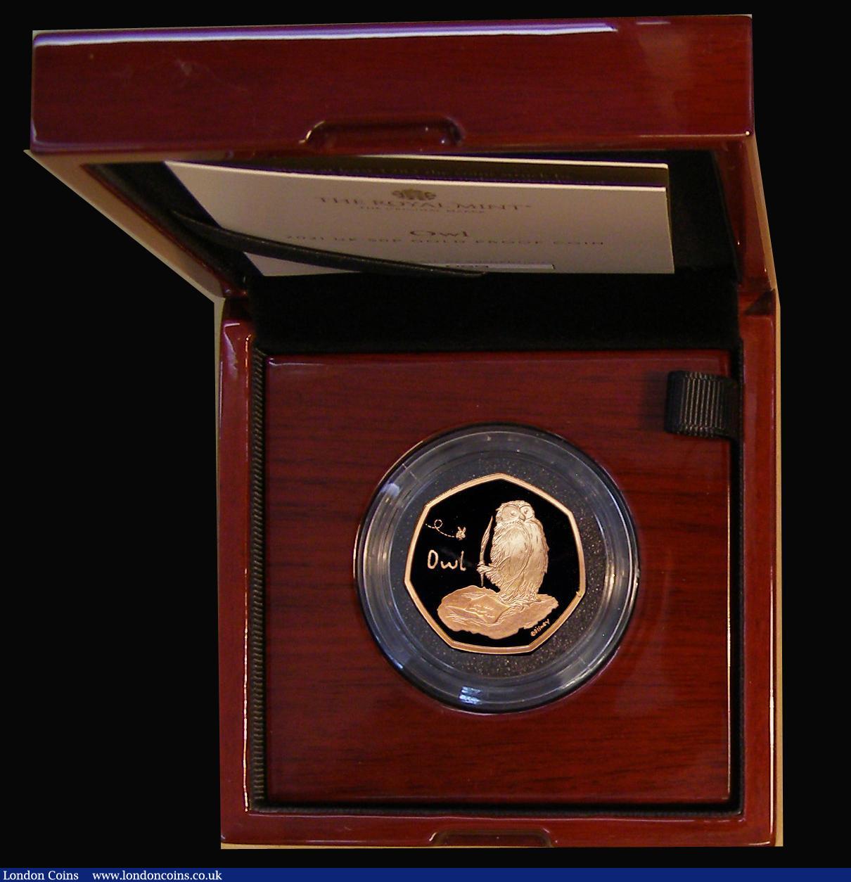 London Coins : A184 : Lot 443 : Fifty Pence 2021 Winnie the Pooh - Owl S.H100 Gold Proof FDC in the Royal Mint box of issue with cer...