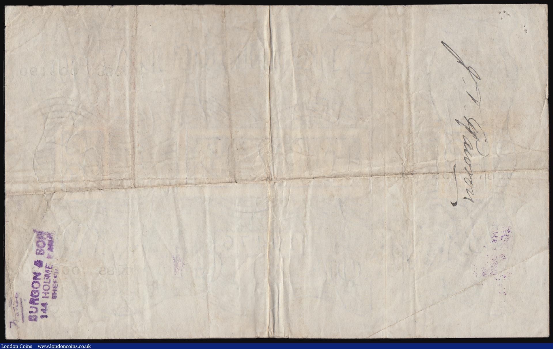 London Coins : A184 : Lot 51 : Five Pounds Peppiatt white B255 thick paper dated 23rd November 1945 prefix K85, Fine bankers stamp ...