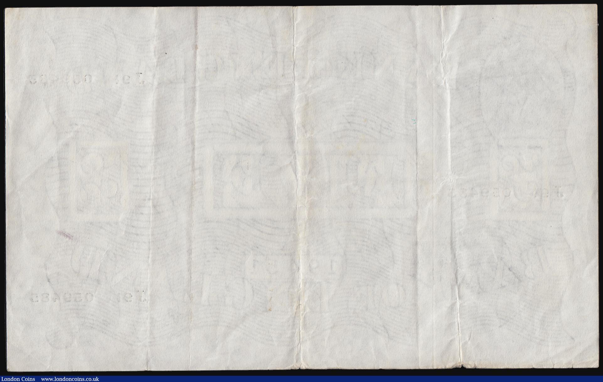 London Coins : A184 : Lot 54 : Five Pounds Peppiatt white B255 thick paper dated 7th Aug 1945 J91 059485, VF small nick bottom edge