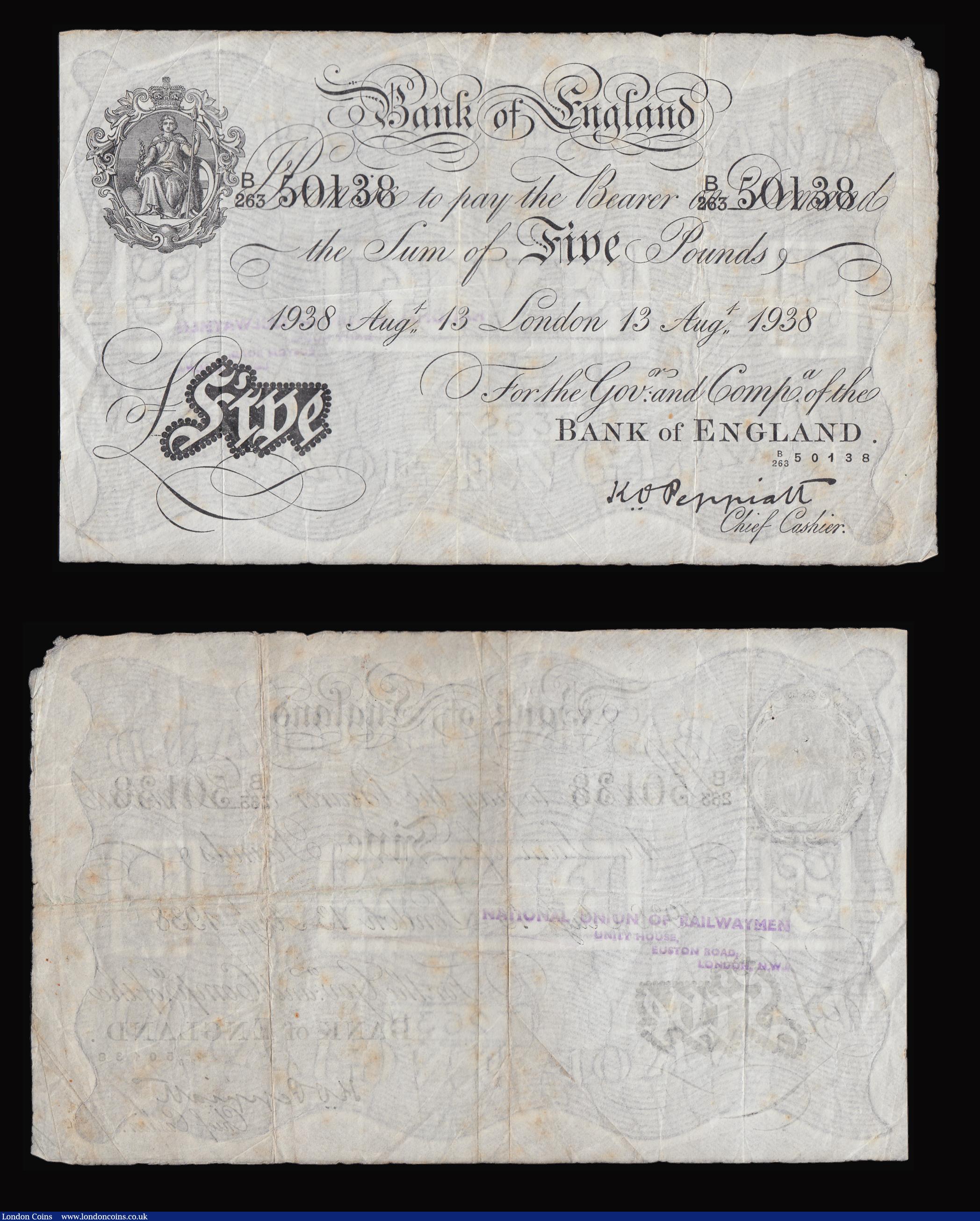 London Coins : A184 : Lot 55 : Five Pounds White Peppiatt (2) Aug 13 1938 B/263 50138 and March 26 1945 H76 074742 VG-Fine