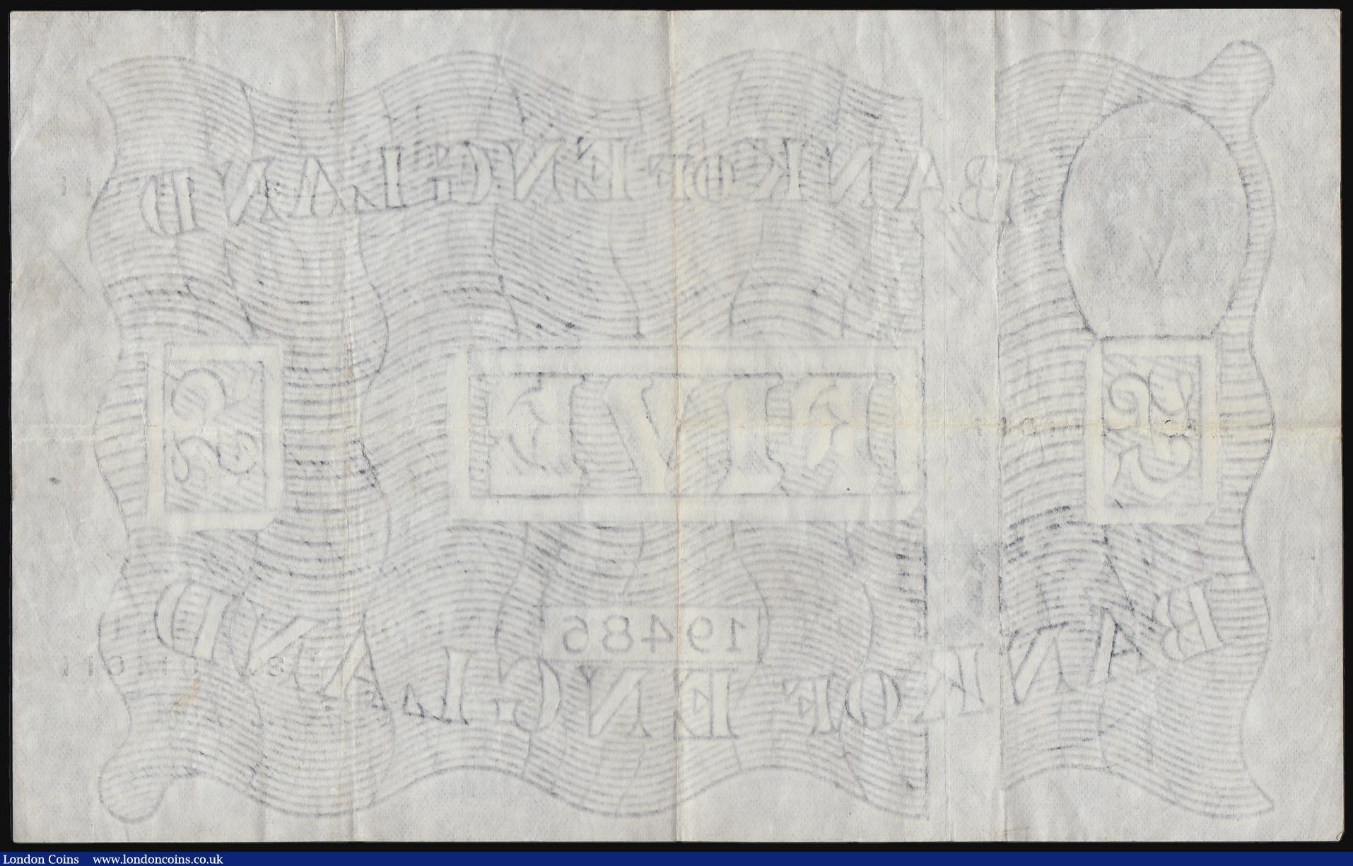 London Coins : A184 : Lot 59 : Five Pounds Peppiatt white B264 thin paper dated 1st April 1947 series L80 011011, VF