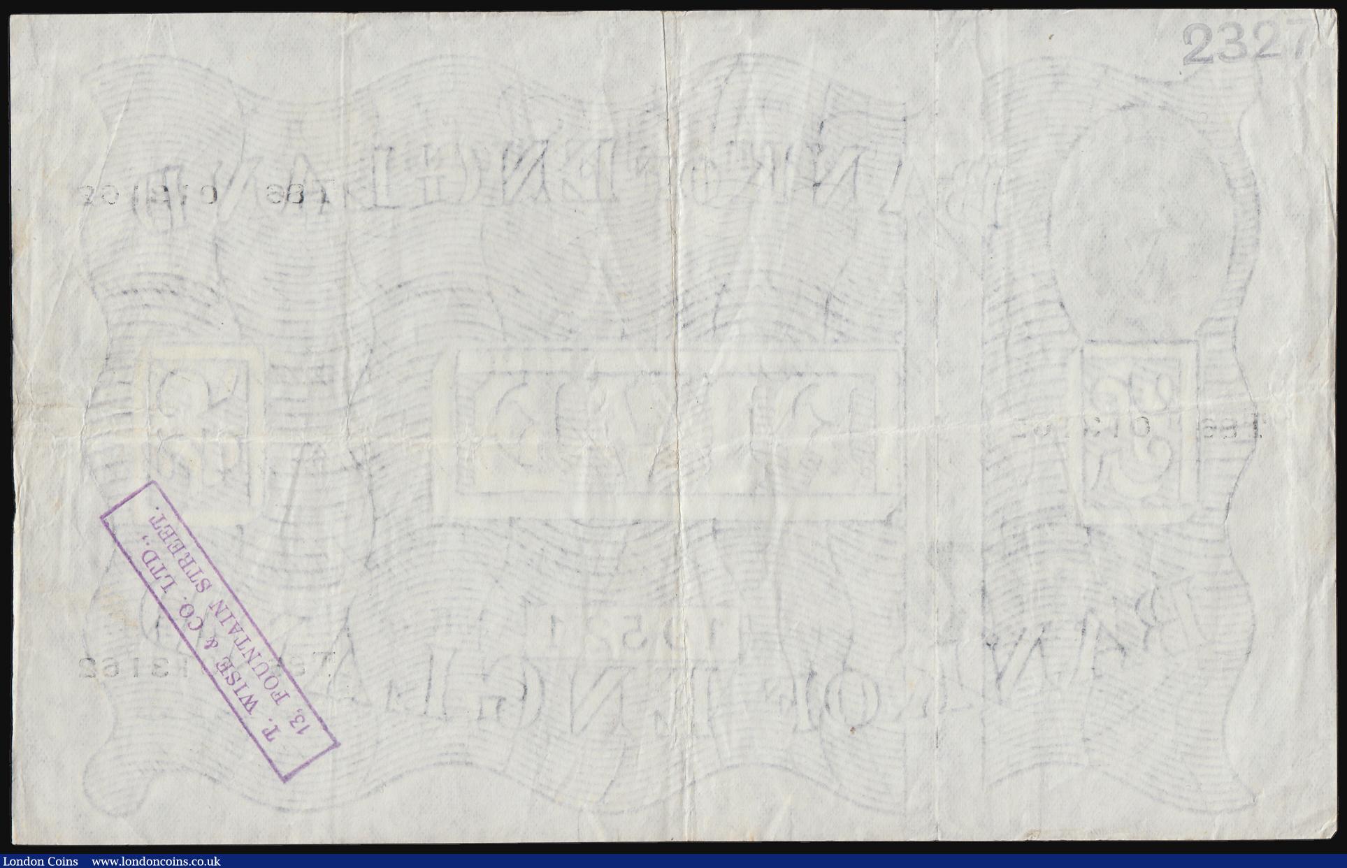 London Coins : A184 : Lot 65 : Five Pounds Beale white B270 dated 12th Feb.1951 prefix T86, VF one bankers stamp reverse