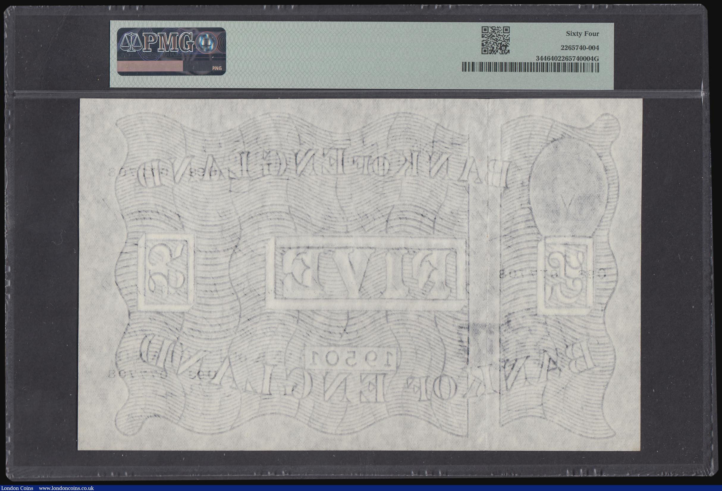 London Coins : A184 : Lot 66 : Five Pounds Beale white B270 dated 18th November 1949 prefix O98, Choice Uncirculated and graded 64 ...