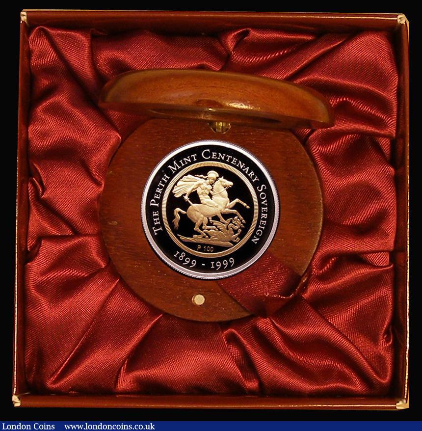 London Coins : A184 : Lot 700 : Australia $100 Gold 1999 The Perth Mint Centenary Sovereign. A 22 carat gold Sovereign centrepiece w...