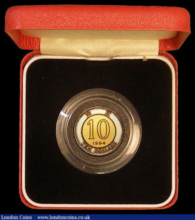 London Coins : A184 : Lot 739 : Hong Kong Ten Dollars 1994 Bauhinia Flower Bimetallic Gold/Silver Proof .375 Gold and .625 Silver KM...