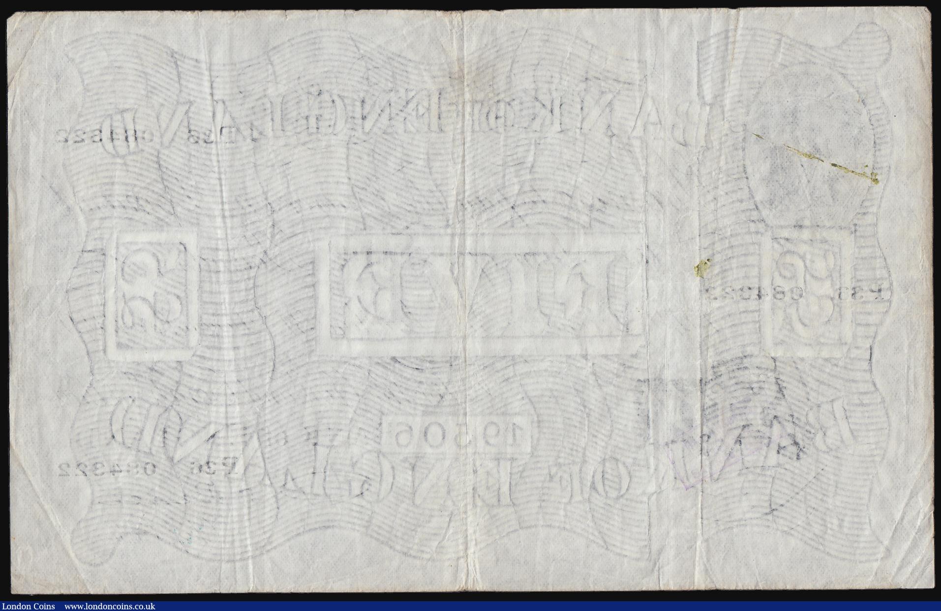 London Coins : A184 : Lot 74 : Five Pounds Beale white B270 dated 31 December 1949 series P36 084322, Fine