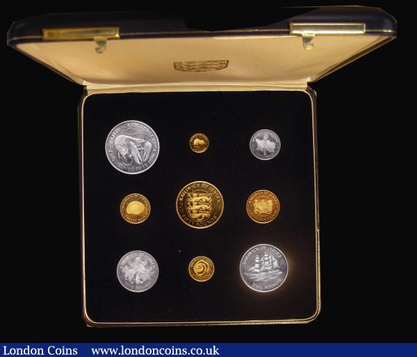 Jersey Proof Set 1972 Royal Wedding Anniversary the 9-coin set includes Gold £50, Gold £25, Gold £20, Gold £10, Gold £5 and sterling silver £2.50, £2, £1 and 50 Pence coins nFDC lightly toned, in the box of issue with certificate : World Cased : Auction 184 : Lot 749