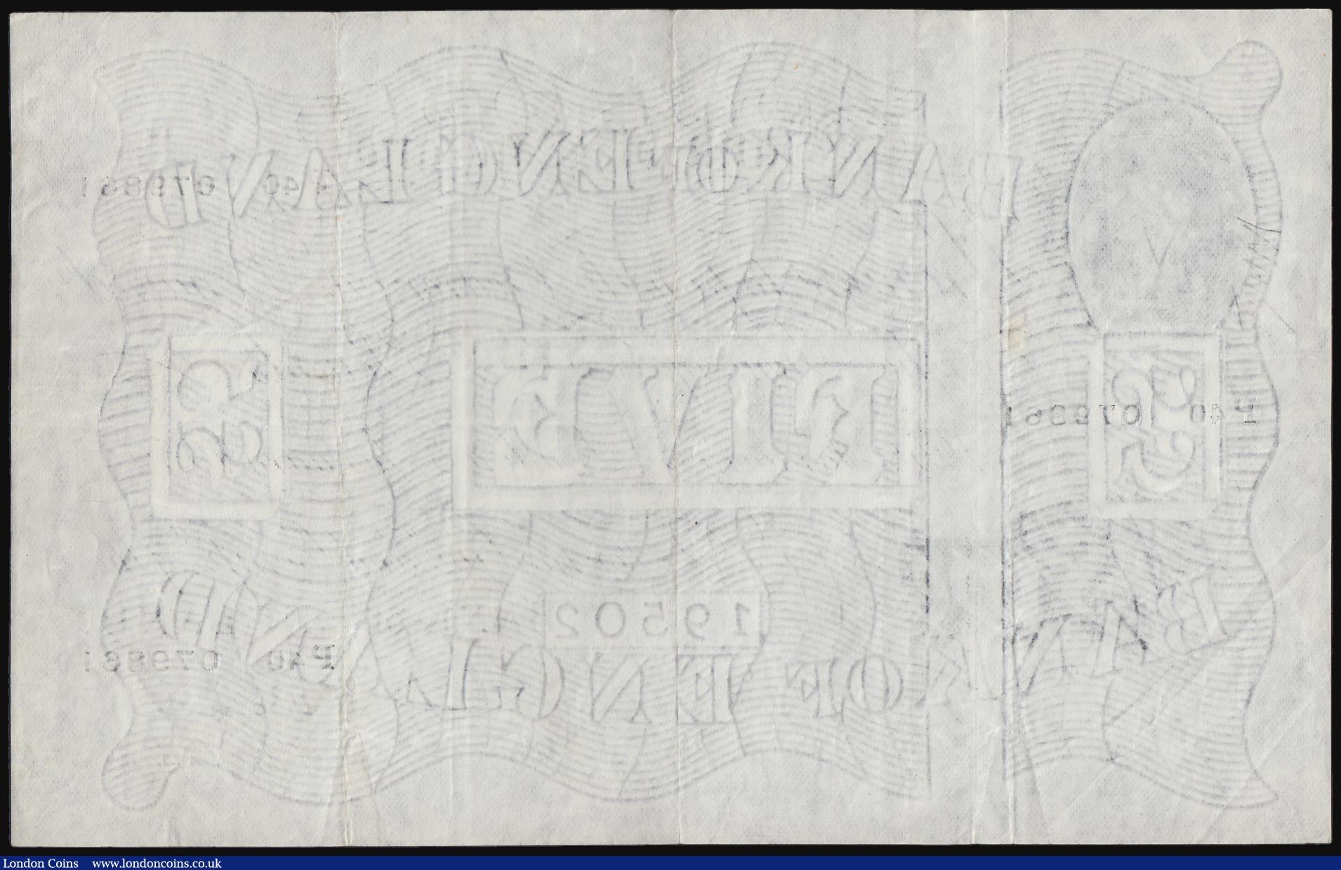 London Coins : A184 : Lot 76 : Five Pounds Beale white B270 dated 5 January 1950 series P40 079861, VF with the odd faint stain