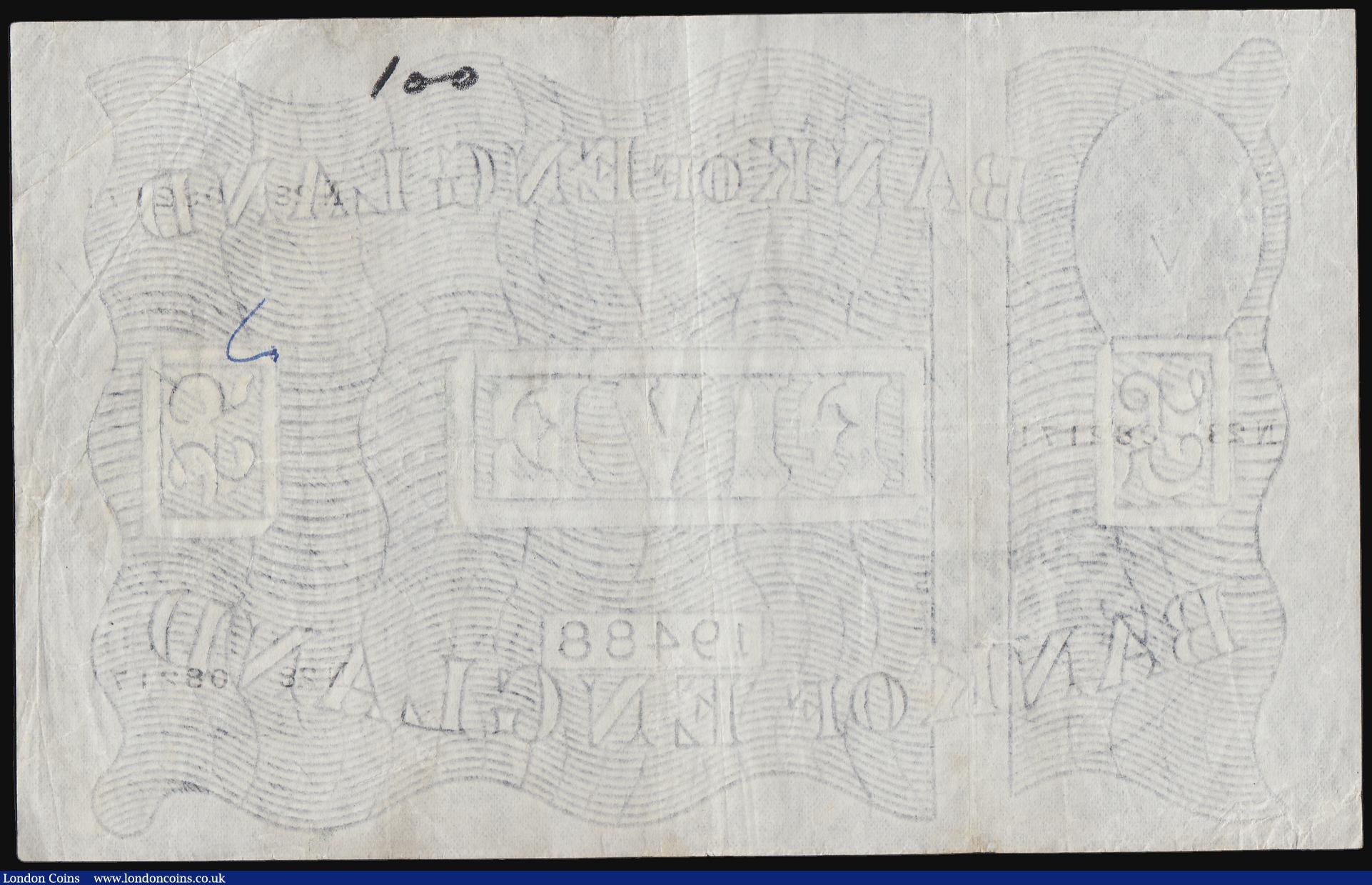 London Coins : A184 : Lot 77 : Five Pounds Beale white B270 dated 5 May 1949 series N28 082171, aVF inked numbers front and back