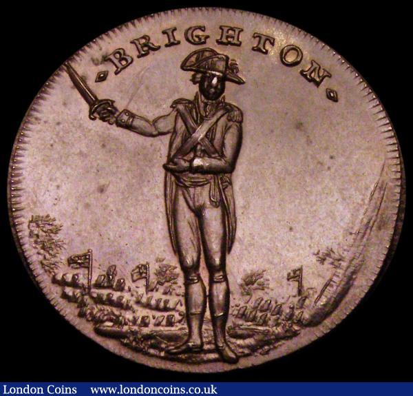 Halfpenny 18th Century Sussex - Brighton undated Officer standing/View of Bastille DH6 GEF with dark chocolate tone : Tokens : Auction 184 : Lot 817
