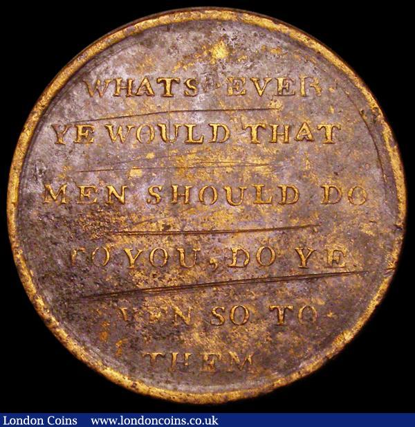 Halfpenny Middlesex 18th Century Slave Token Obverse Kneeling Slave 'AM I NOT A MAN AND A BROTHER' Reverse WHTSOEVER YE WOULD THAT MEN SHOULD DO UNTO YOU, DO YE EVEN SO TO THEM DH235 Fine for wear with some scratches on the reverse and some pitting : Tokens : Auction 184 : Lot 820