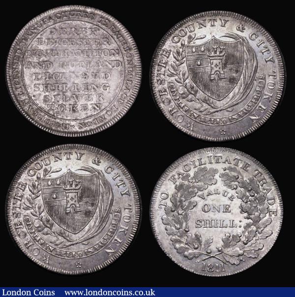 Shillings 19th Century (3) 1811 Leicestershire - Leicester 'Derby, Leicester, Northampton and Rutland' legend Davis 1 NVF,1811 Worcestershire - Worcester Davis 1 EF and lustrous with a subtle underlying tone, 1812 Yorkshire - York Cattle and Barber, three berries, scarcer variety, Davis 67 GVF with grey toning : Tokens : Auction 184 : Lot 832