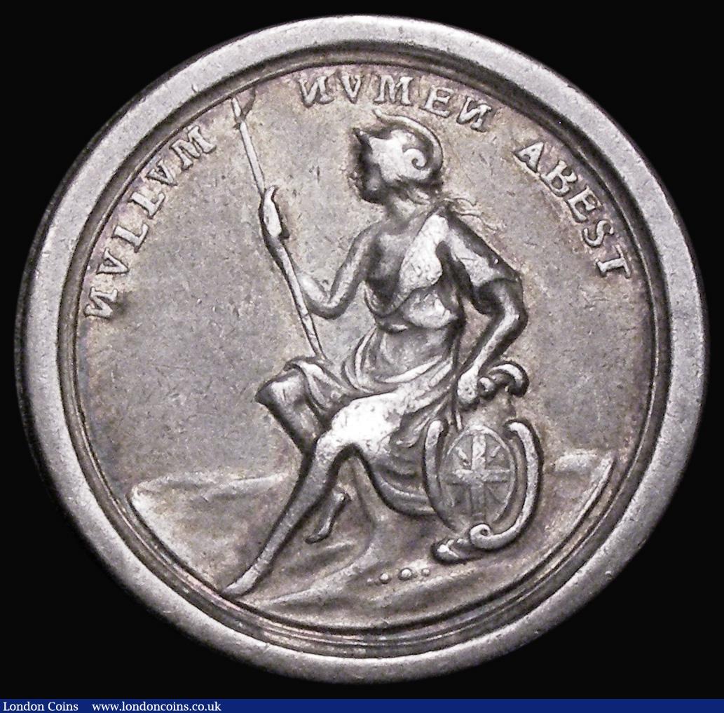 London Coins : A184 : Lot 877 : James II undated (c.1685) 29mm diameter in silver by G.Bower, Obverse: Bust right, draped, IACOBVS ....