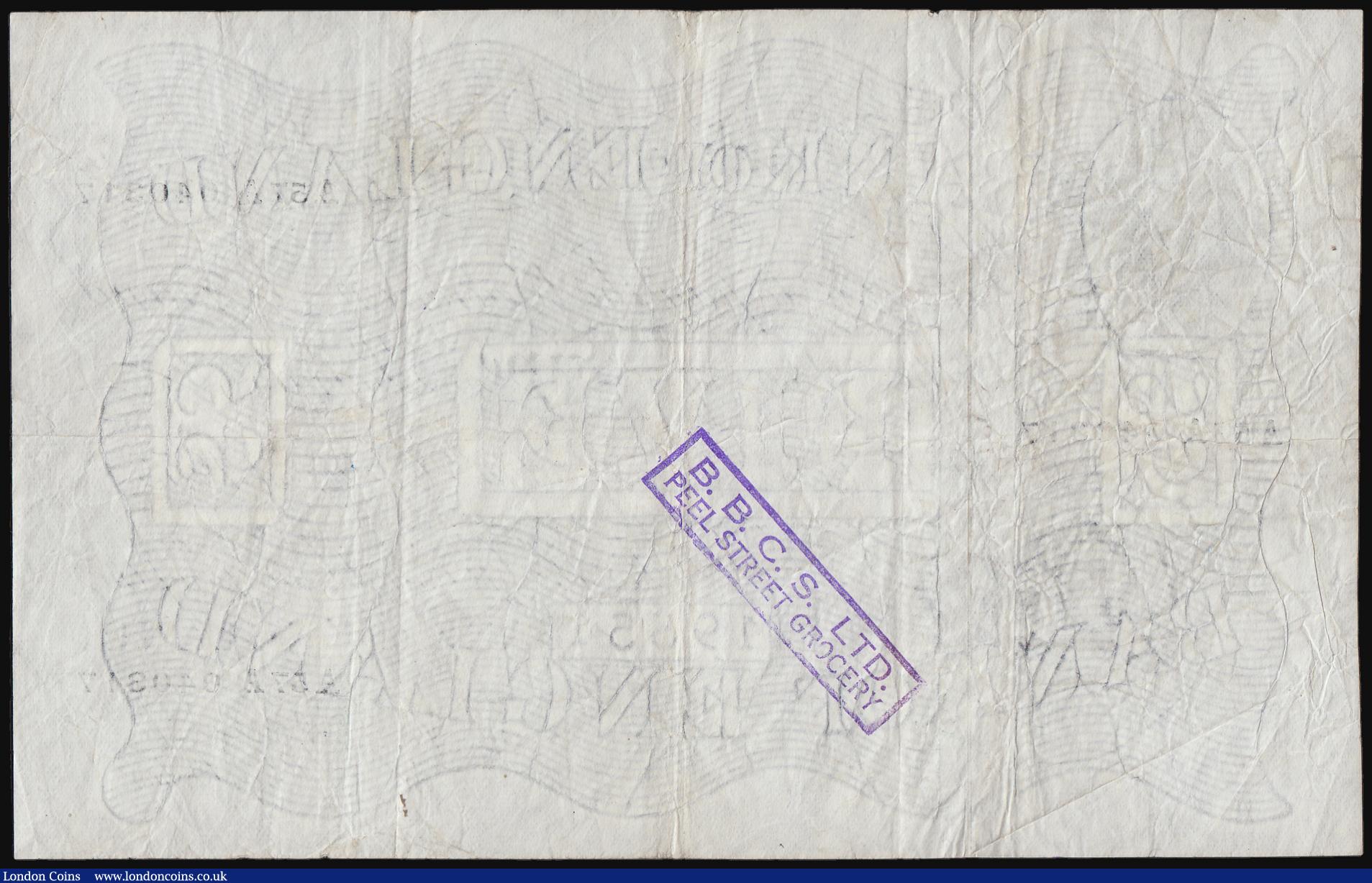 London Coins : A184 : Lot 88 : Five Pounds O'Brien white B276 dated 20 August 1955 series A57A 040317, Fine inked number front...