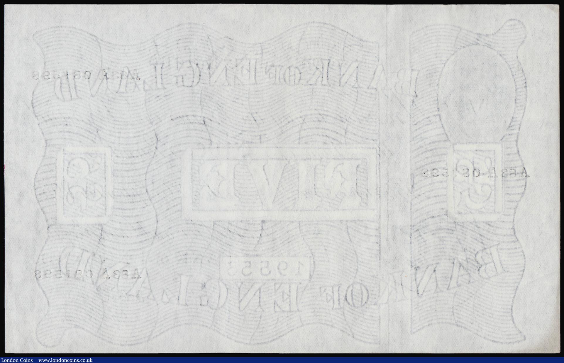 London Coins : A184 : Lot 90 : Five Pounds O'Brien white B276 dated 20 September 1955 series A83A 081598, AU