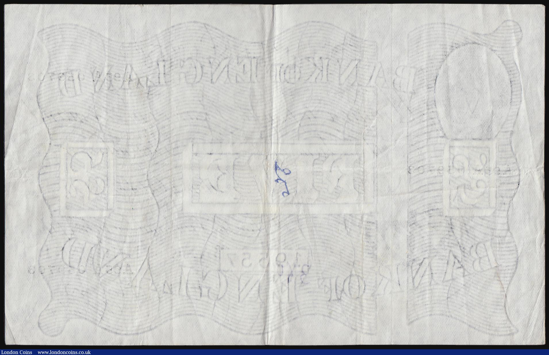 London Coins : A184 : Lot 94 : Five Pounds O'Brien white B276 dated 4 October 1955 series A95A 059703, VF inked number front b...