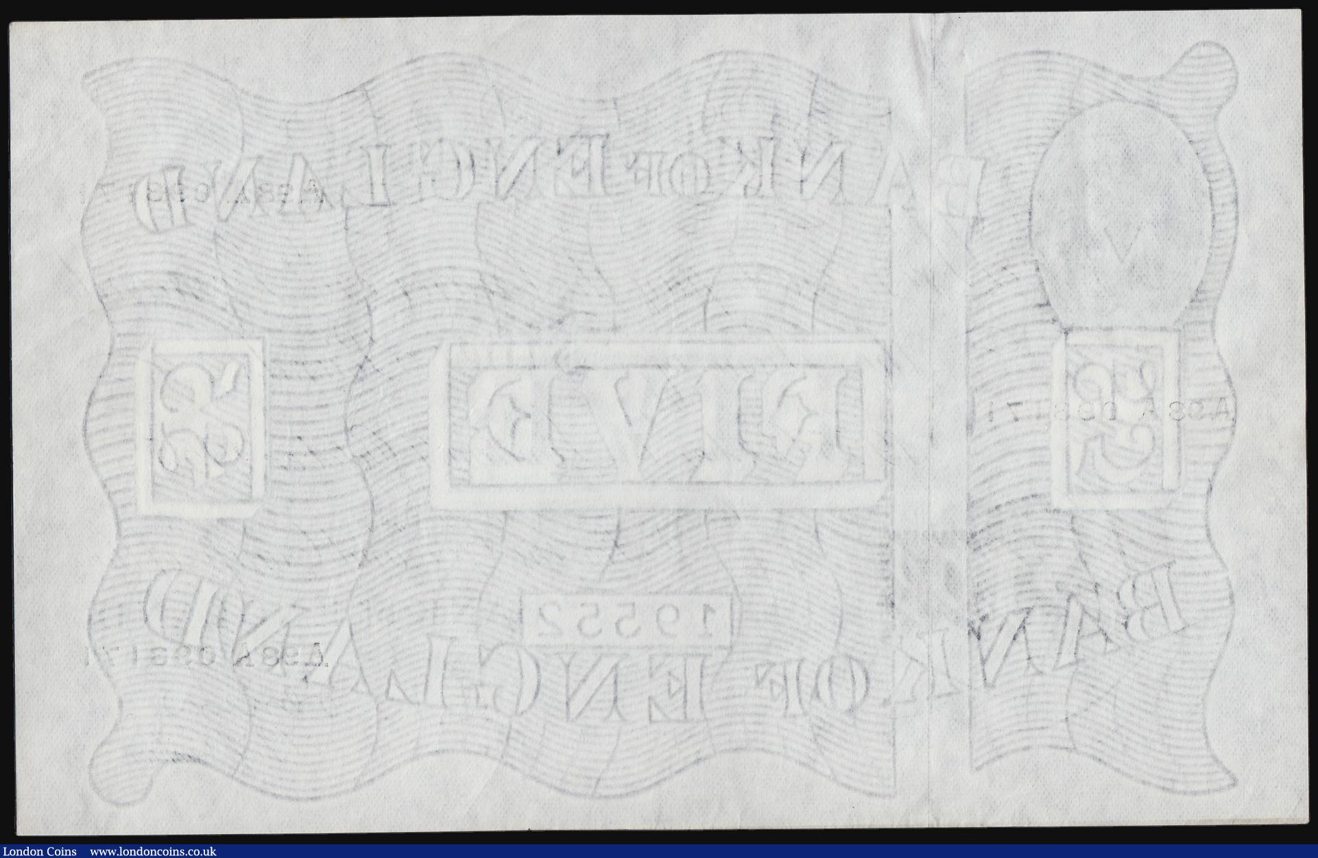 London Coins : A184 : Lot 95 : Five Pounds O'Brien white B276 dated 7th October 1955 serial A98A 093171 about UNC faint stain ...
