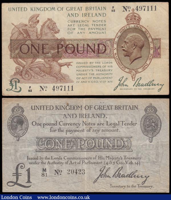 One Pound Bradbury (2) T11.1 issued 1914, series M/81 20423, King George V at top left, (Pick349a), Fine with two pinholes left side, and T16 issued 1917 series F/93 524804, Pick351, Fine some decolouration and three pinholes : English Banknotes : Auction 185 : Lot 10