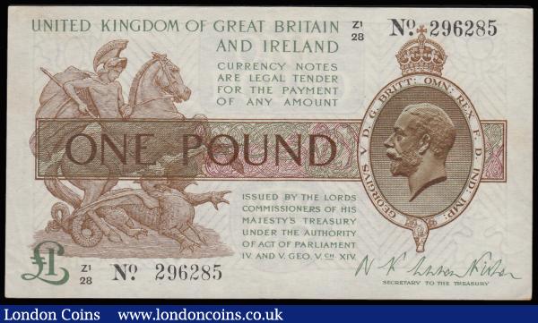 One Pound Warren Fisher T34  serial number Z1/91 296285 control note, Northern Ireland issue 1927, EF faint stain and sort code stamp 20-32-79 reverse : English Banknotes : Auction 185 : Lot 102
