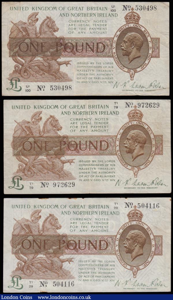 One Pound Warren Fisher T34 issued 1927 (3) prefixes T1/29, T1/79 and U1/100 generally F-VF with some marks and stains consistent with these grades  : English Banknotes : Auction 185 : Lot 103