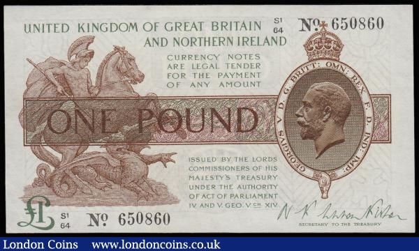 One Pound Warren Fisher T34 issued 1927 first series S1/64 650860, almost UNC : English Banknotes : Auction 185 : Lot 104