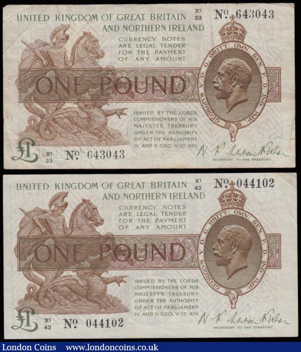 One Pound Warren Fisher T34 issued 1927, last series No. with dot, portrait King George V at right, Northern Ireland Issue, (Pick361a), (2) prefix X1/33 Fine and X1/42 VF : English Banknotes : Auction 185 : Lot 106