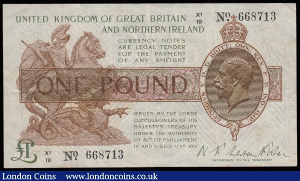 One Pound Warren Fisher T34 issued 1927, last series X1/19 668713, No. with dot, portrait King George V at right, Northern Ireland Issue, (Pick361a), VF with some faint staining : English Banknotes : Auction 185 : Lot 107