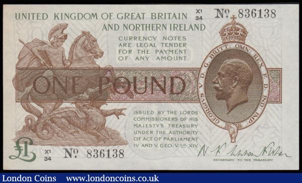 One Pound Warren Fisher T34 issued 1927, last series X1/34 836138, No. with dot, portrait King George V at right, Northern Ireland Issue, (Pick361a), EF with some faint staining : English Banknotes : Auction 185 : Lot 108