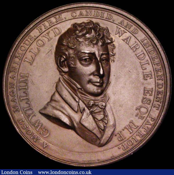 Colonel Wardle 1809, 53mm diameter in copper, by P. Wyon, Obverse: Draped bust facing, three-quarters right, GWYLLM LLOYD WARDLE ESQr. M.P. , A MOST MAGNANIMOUS, FIRM, CANDID, AND INDEPENDENT PATRIOT. Reverse: Inscription in 11 lines: THE DUTY / WHICH I OWE MY / COUNTRY / IS PARAMOUNT / TO / EVERY OTHER  / CONSIDERATION / SEE MR WARDLE'S SPEECH / ON THE CHARGES AGt.H.R.H. / THE DUKE OF YORK / MARCH . 8. 1809, 74.31 grammes, BHM 667, EF with some contact marks : Medals : Auction 185 : Lot 1101