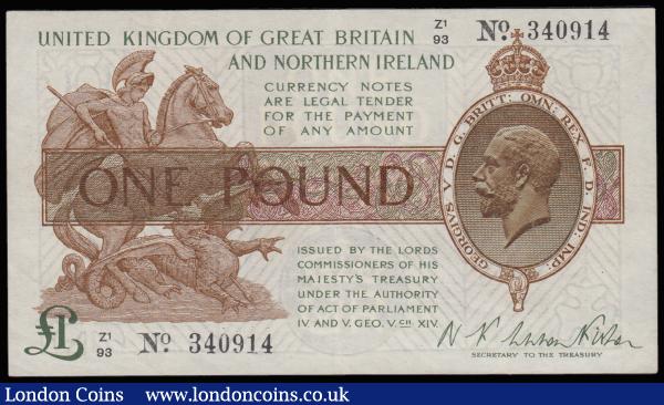 One Pound Fisher T35,  Z1/93 340914, control note and square dot type, Northern Ireland issue, EF and scarce more so in this pleasing grade : English Banknotes : Auction 185 : Lot 111