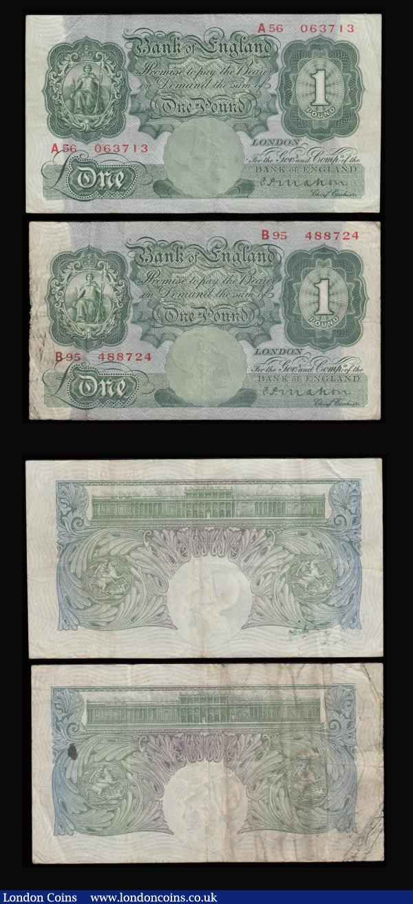 One Pound Mahon (2) prefix A56 aVF and B95 aFine, Peppiatt blue U21D prefix VF. Ten Shillings Peppiatt Mauve VF prefix O26D : English Banknotes : Auction 185 : Lot 116