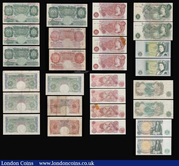 One Pounds Beale prefix N12B VF inked number front, S11B GVF tear at top, O'Brien Britannia front left prefix D02K VF tear at top, M82K Fine. Britannia in Medallion prefix 88K GVF, Britannia in Medallion Fforde (1), Page (10) from circulation a few damaged a few GVF, Isaac Newton Page and Somerset (9) these in high grade. Ten Shillings Britannia right front Catterns prefix V56 VG, Beale X04Z Fine, Britannia in Medallion reverse Hollom, O'Brien and Fforde (4) one damaged the others VF or better : English Banknotes : Auction 185 : Lot 118