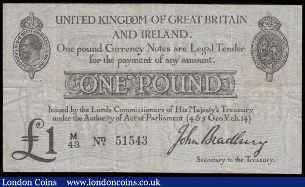 One Pound Bradbury T11.1 issued 1914, series M/43 51543, King George V at top left, (Pick349a), Fine : English Banknotes : Auction 185 : Lot 12