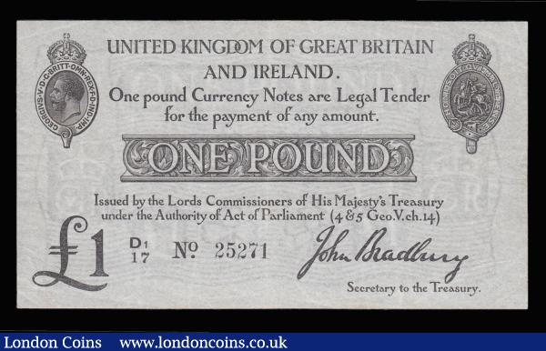 One Pound Bradbury T11.2 issued 1914, series D1/17 25271, portrait of King George V at top left, (Pick349a), Bold  Very Fine and pleasing : English Banknotes : Auction 185 : Lot 14